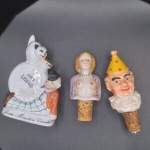 Vintage Naked Lady Porcelain & Celluloid Clown Bottle Stoppers & Bottle